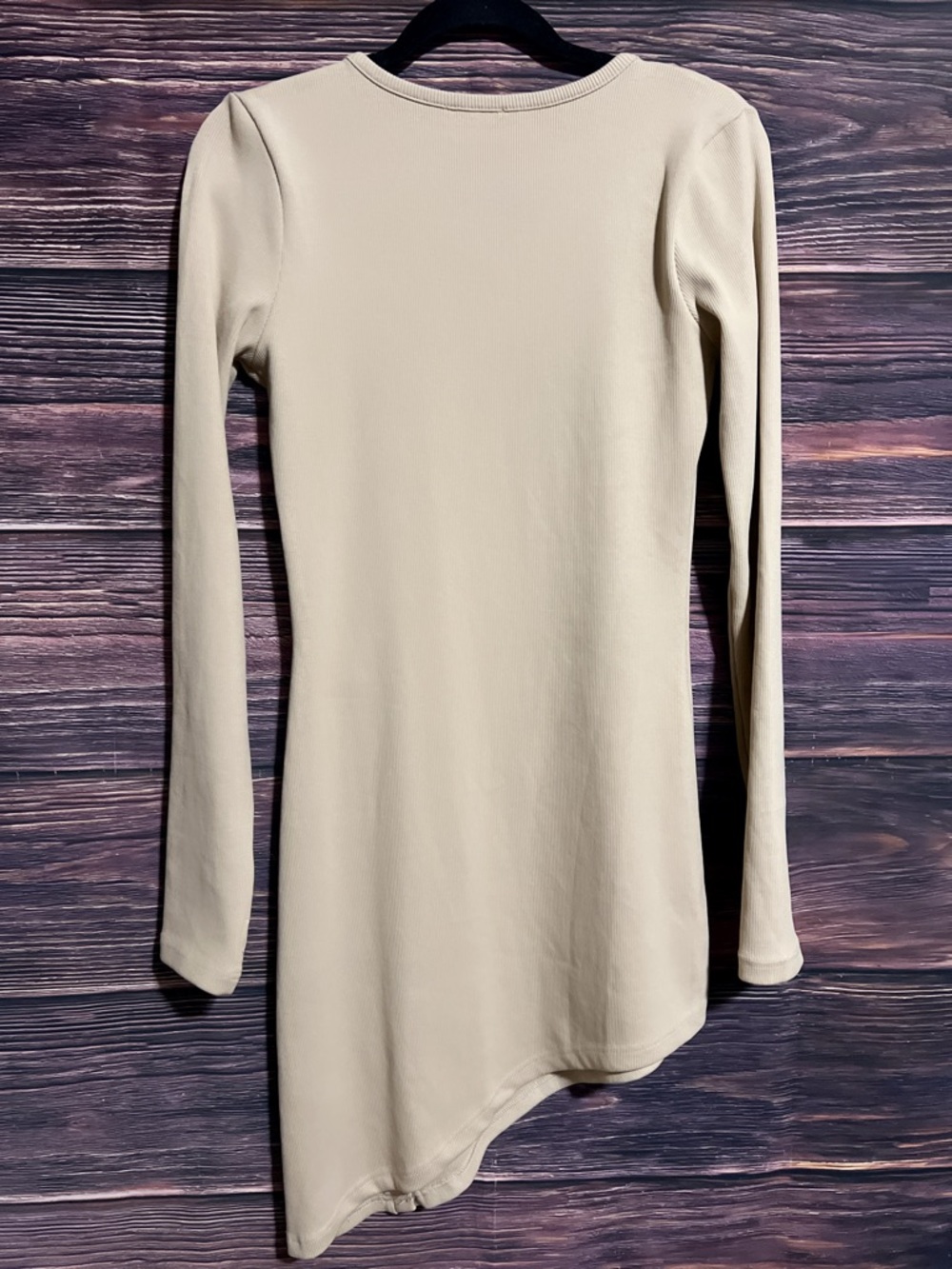 Asymmetrical Beige Long-Sleeve Knit Dress with Side Button Detail - Picture 5 of 16
